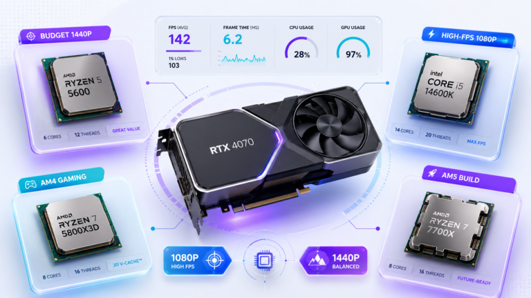 Best CPU for RTX 4070 comparison showing 1080p high FPS and 1440p gaming CPU pairing options