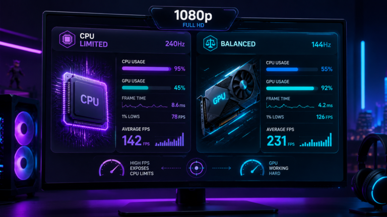 Bottleneck calculator 1080p guide showing CPU bottleneck, GPU usage, frame time, and high FPS gaming balance
