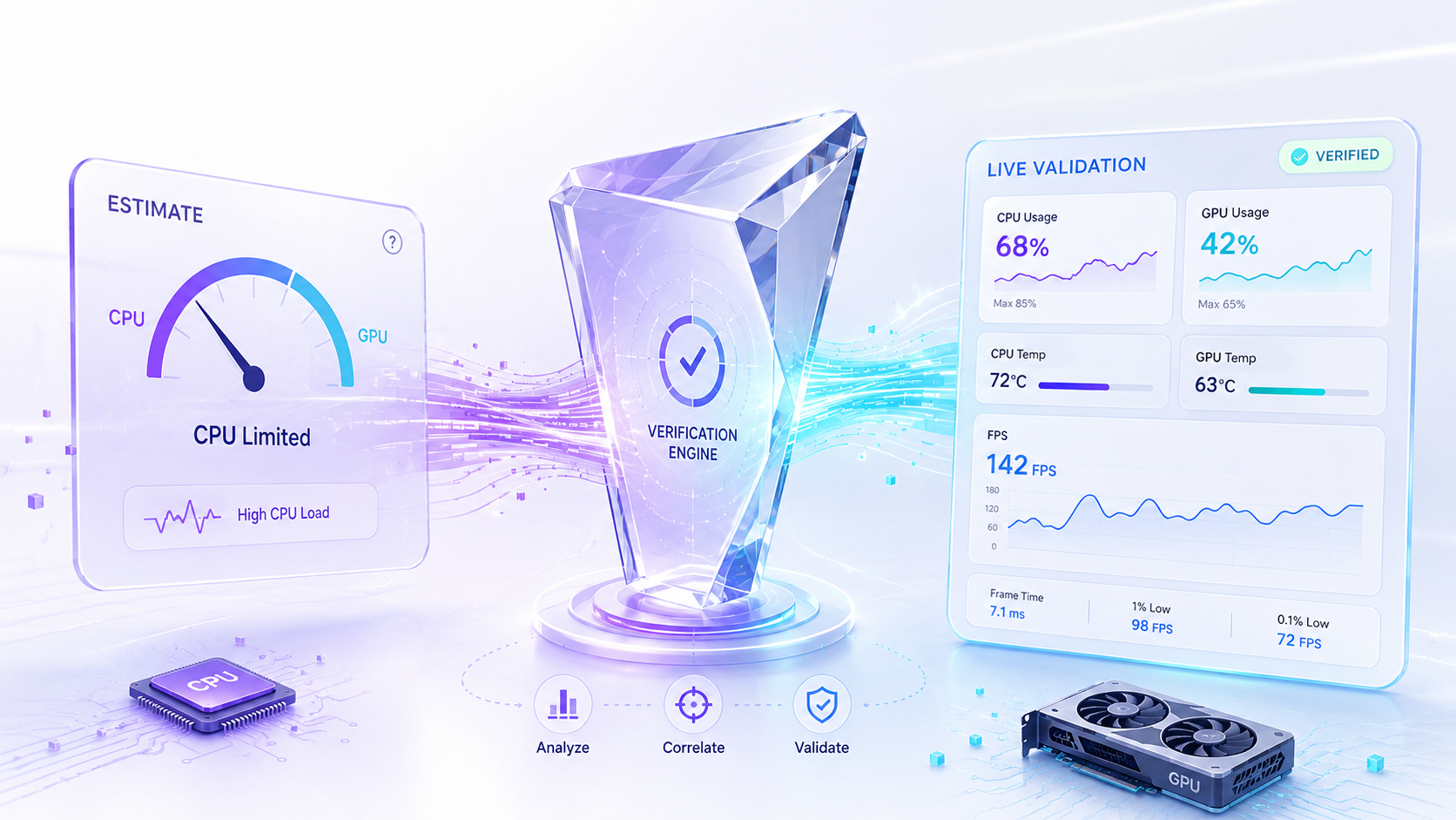 Visual comparison of bottleneck calculator estimate and live performance monitoring for CPU and GPU validation