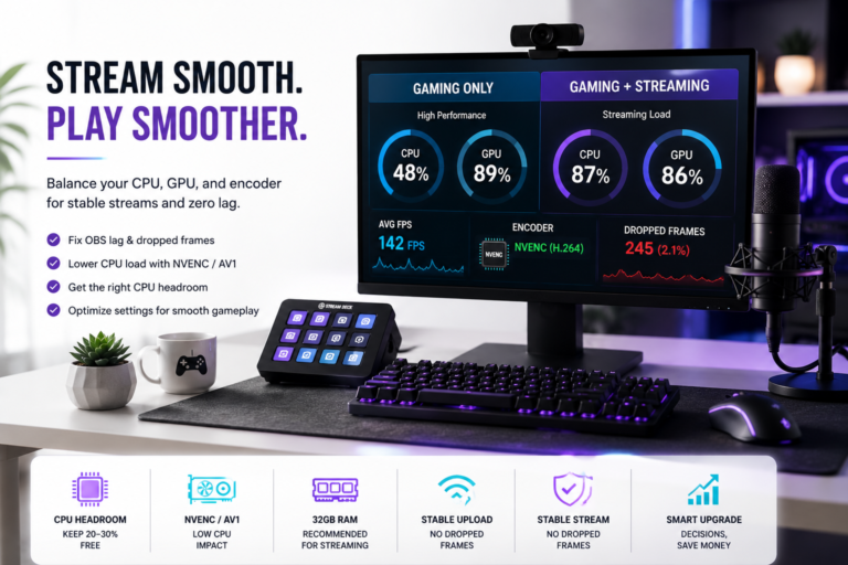 Bottleneck calculator streaming guide showing OBS, NVENC, CPU usage, GPU usage, and dropped frames