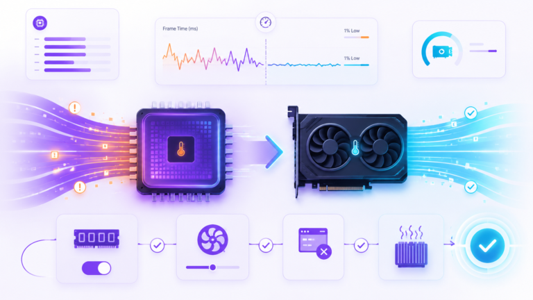 How to fix a CPU bottleneck illustration showing CPU stress, lower GPU usage, and a step-by-step optimization path