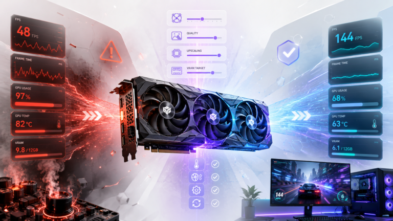 How to fix a GPU bottleneck illustration showing a stressed graphics card improving through upscaling, cooling, VRAM optimization, and smoother gaming performance
