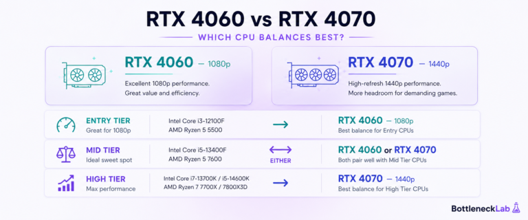 RTX 4060 vs RTX 4070 compared by CPU tier and resolution at 1080p and 1440p