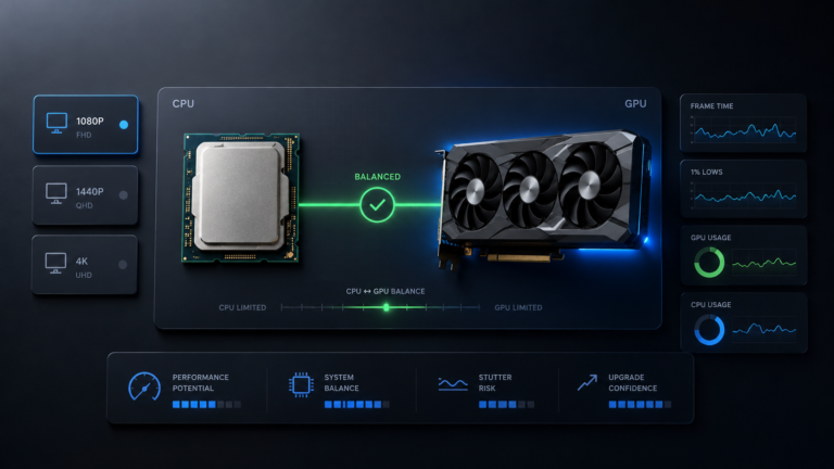 CPU and GPU balance dashboard showing the best CPU pairing for RTX 5070 and RTX 5070 Ti gaming builds